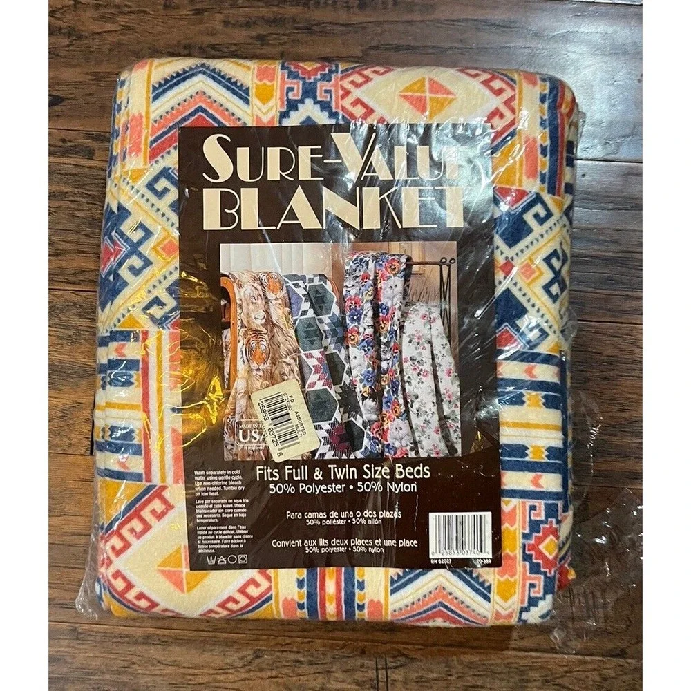 Vtg Sure-Value Aztec Southwestern‎ Blanket Full/Twin 50% Poly 50% Nylon Open Bag